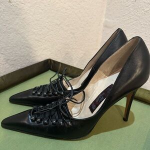 Vintage JOHN GALLIANO Black Leather Corset Stiletto High Heels Size 37 EUC